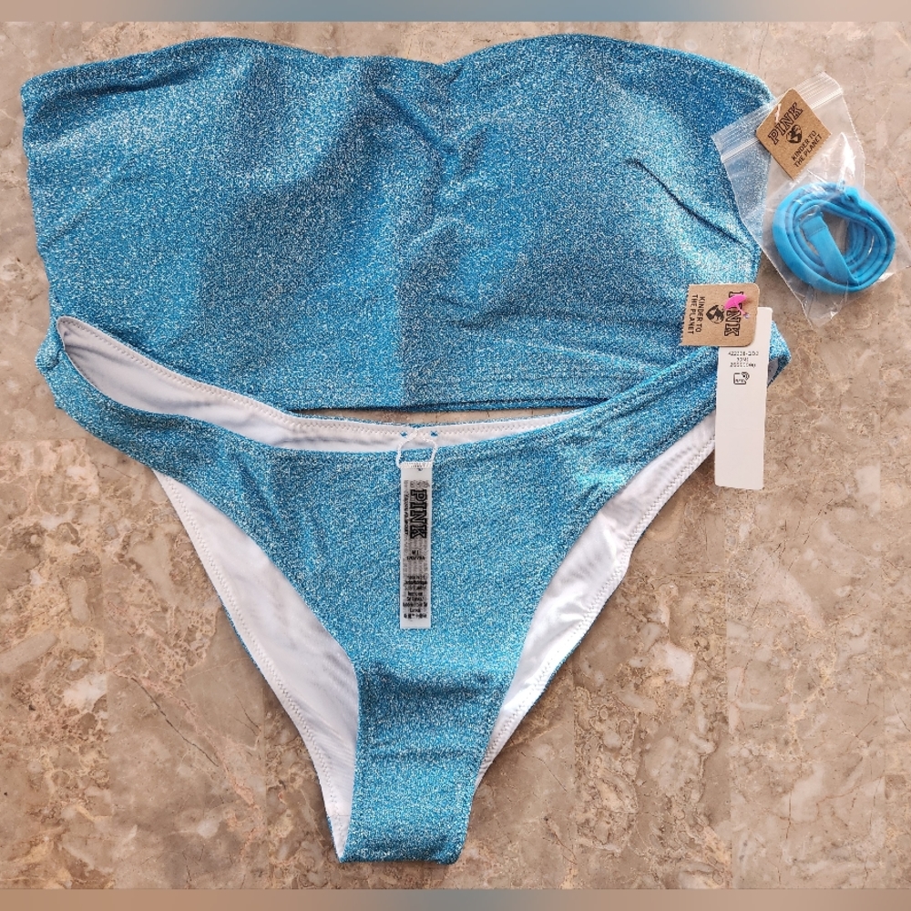 M/M PINK Swim Bandeau Brazilian Bikini Set Blue Shimmer